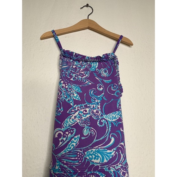 Lands End Girls Ruffle Bodice Tankini Top Wild Violet Tropical Floral Size 10 - Picture 3 of 10